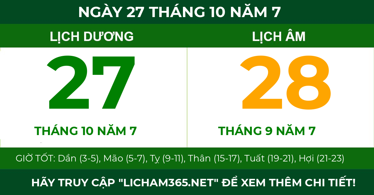 lịch âm ngày 27 tháng 10 năm 7