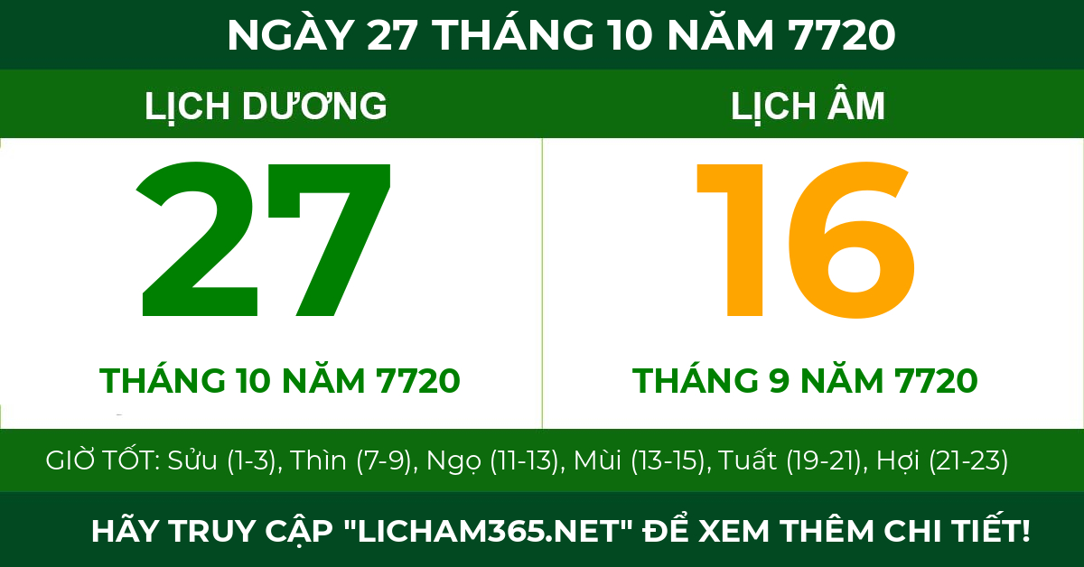 lịch âm ngày 27 tháng 10 năm 7720