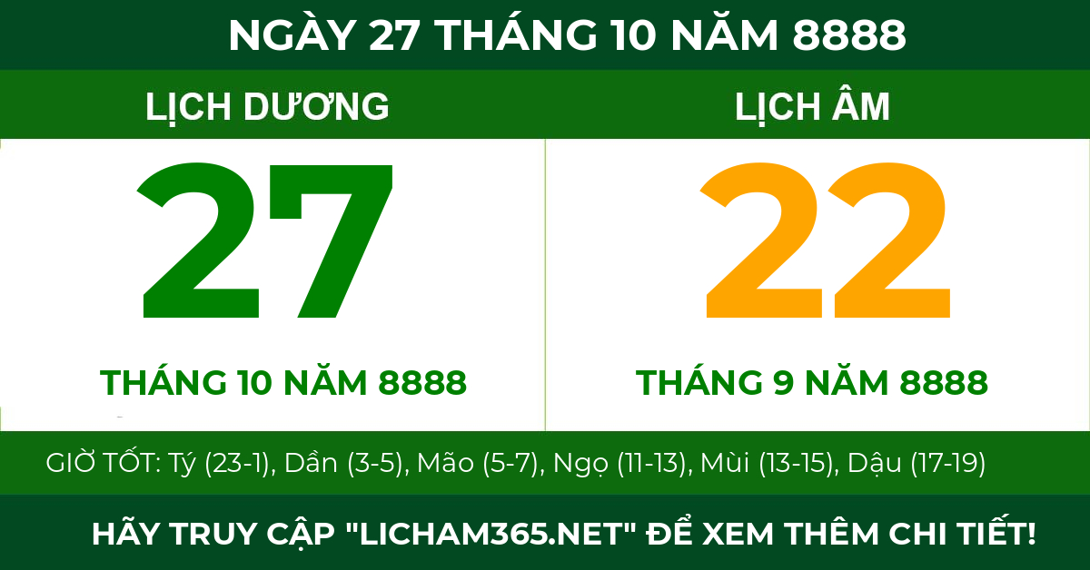 lịch âm ngày 27 tháng 10 năm 8888