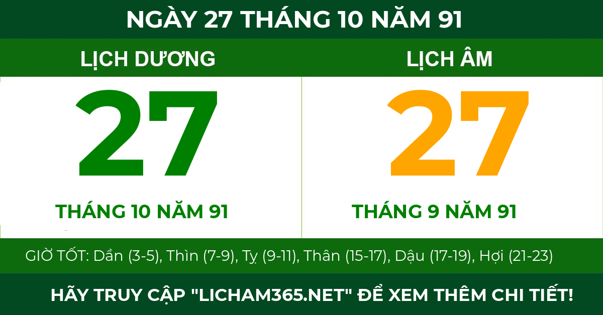 lịch âm ngày 27 tháng 10 năm 91
