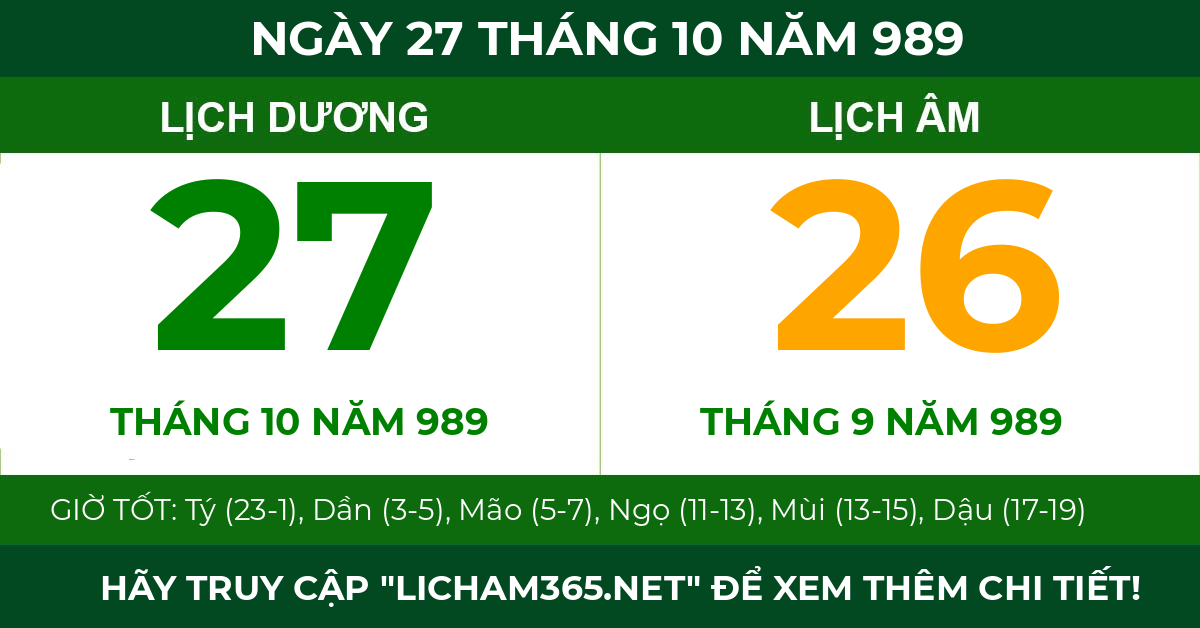lịch âm ngày 27 tháng 10 năm 989