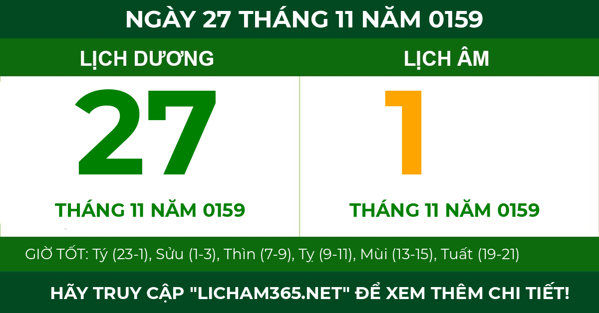 lịch âm ngày 27 tháng 11 năm 0159