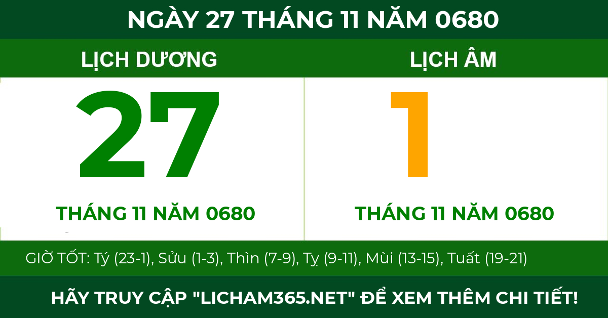 lịch âm ngày 27 tháng 11 năm 0680