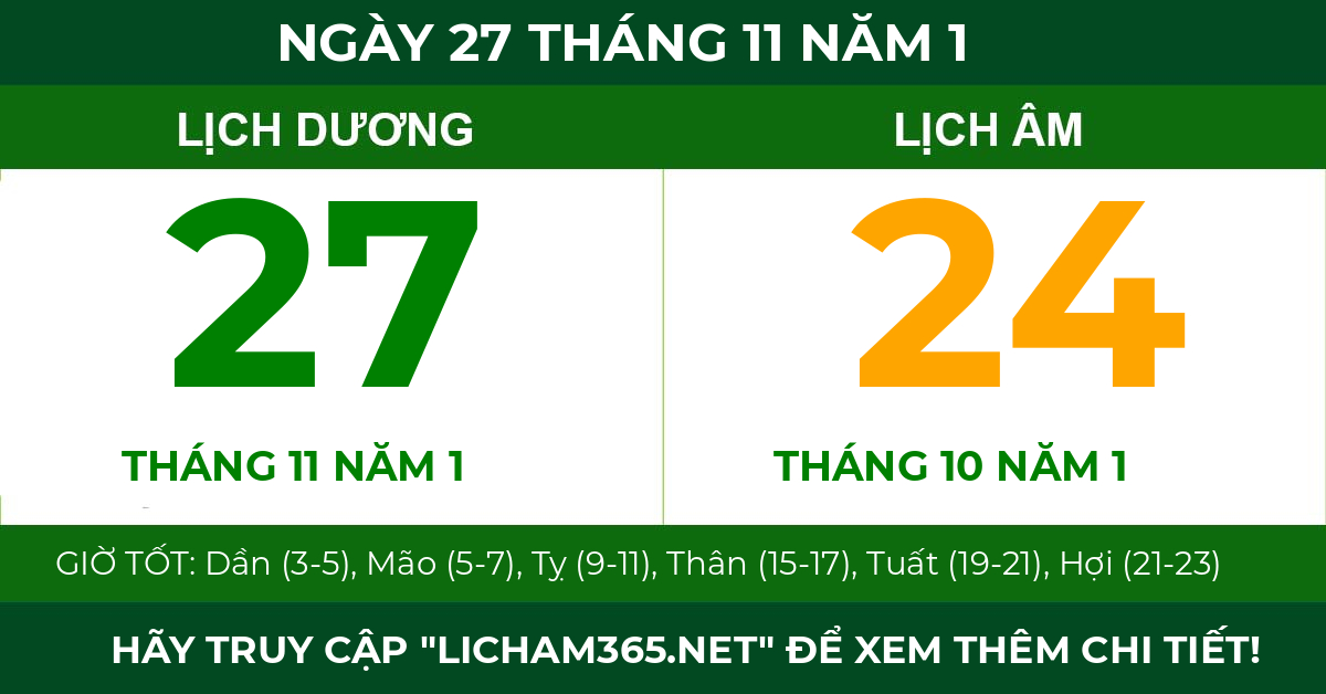 lịch âm ngày 27 tháng 11 năm 1