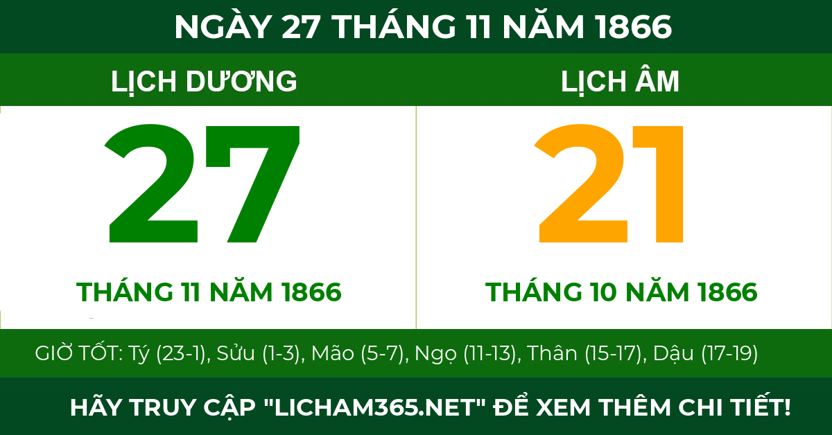 lịch âm ngày 27 tháng 11 năm 1866