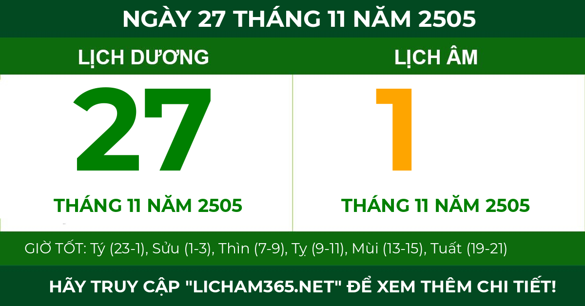lịch âm ngày 27 tháng 11 năm 2505