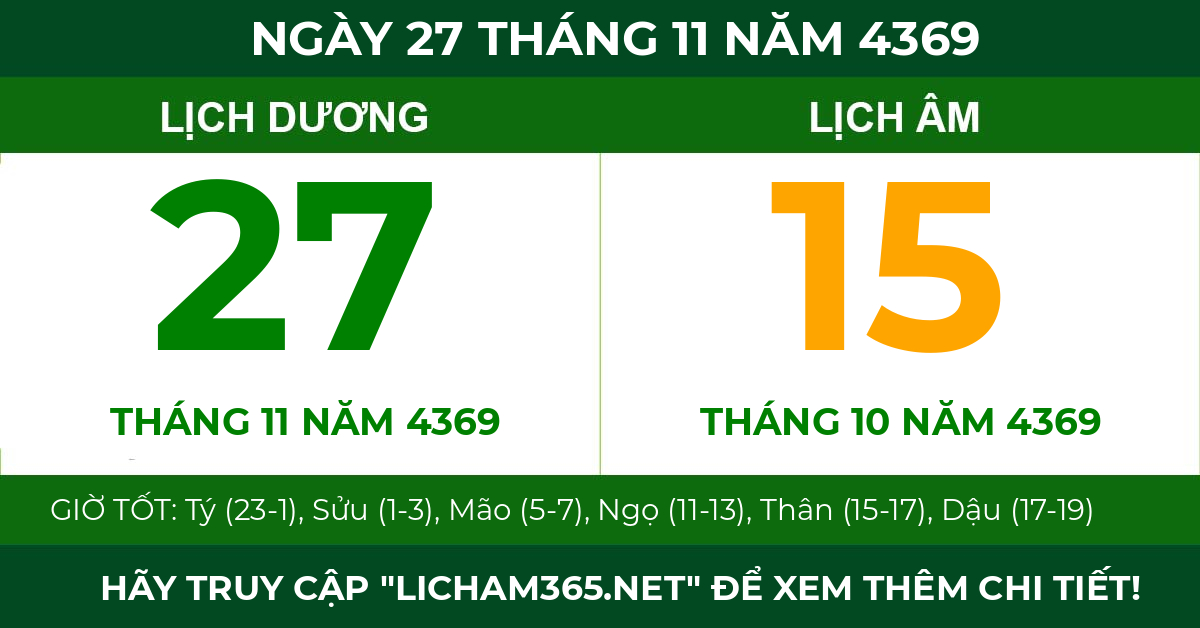 lịch âm ngày 27 tháng 11 năm 4369