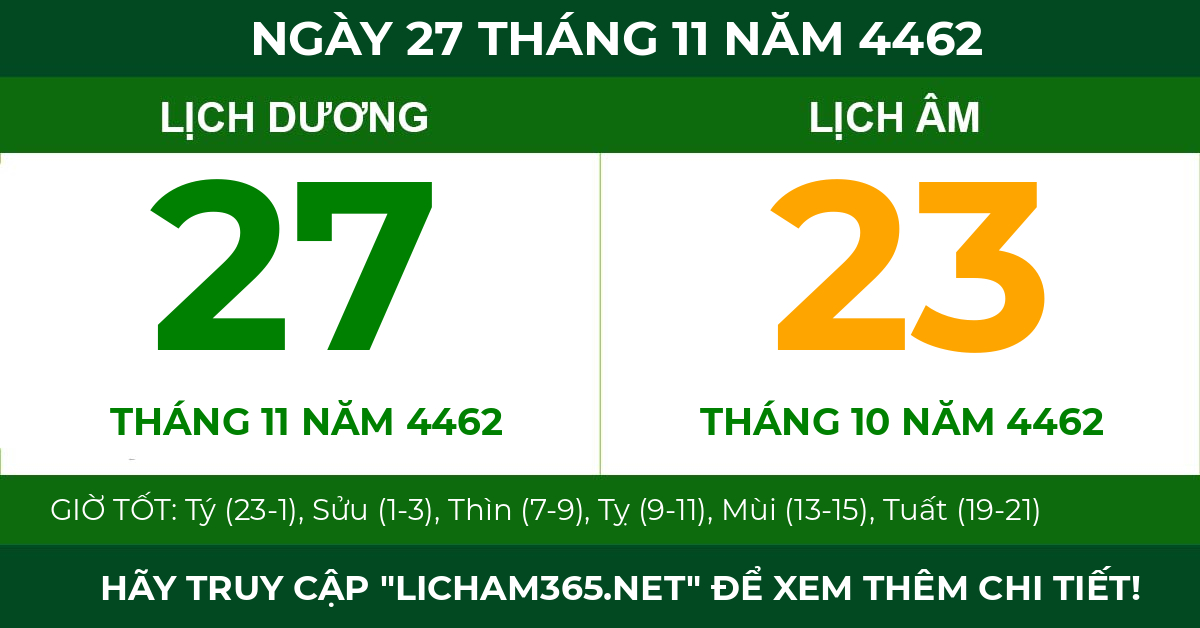 lịch âm ngày 27 tháng 11 năm 4462