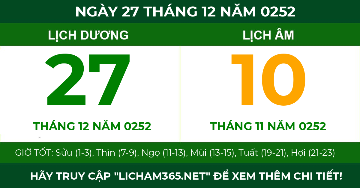 lịch âm ngày 27 tháng 12 năm 0252