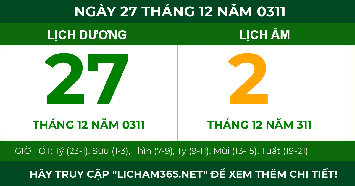 lịch âm ngày 27 tháng 12 năm 0311