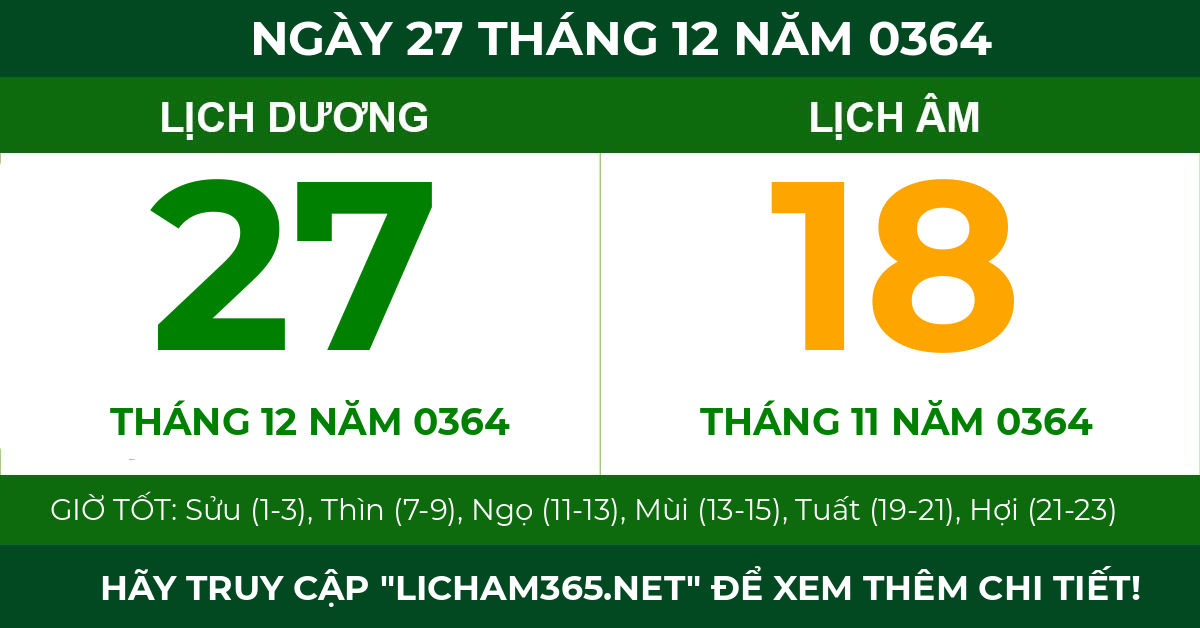 lịch âm ngày 27 tháng 12 năm 0364