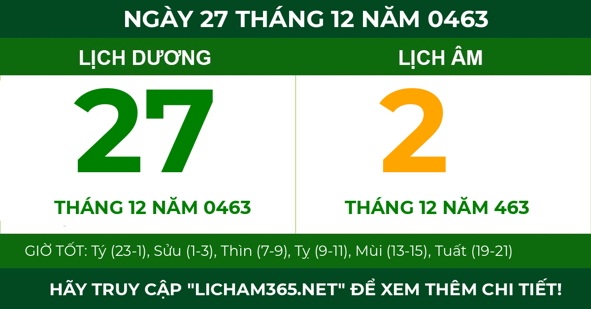 lịch âm ngày 27 tháng 12 năm 0463