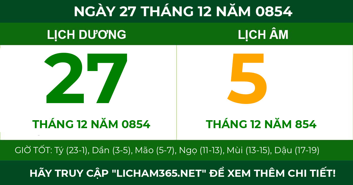 lịch âm ngày 27 tháng 12 năm 0854