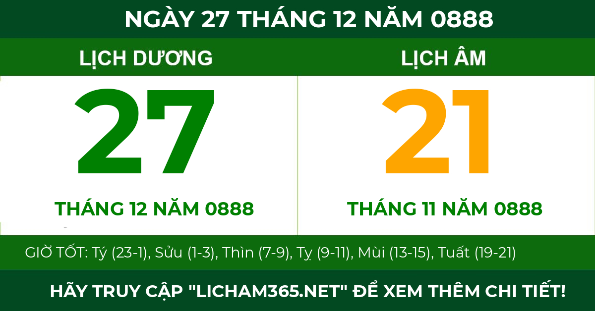 lịch âm ngày 27 tháng 12 năm 0888
