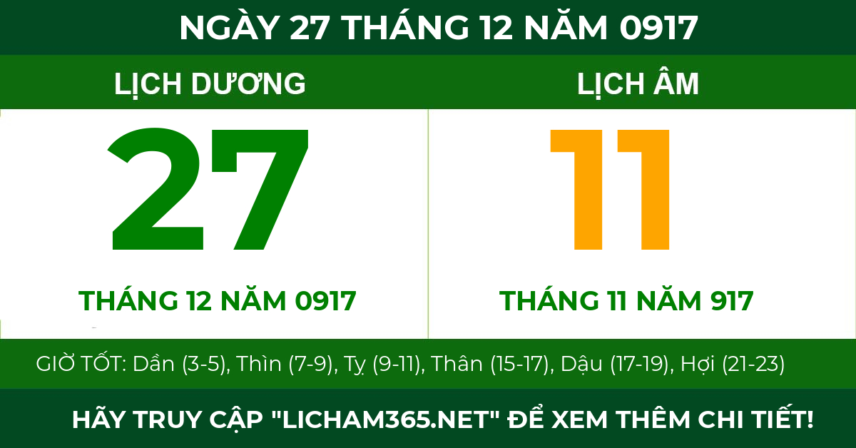 lịch âm ngày 27 tháng 12 năm 0917