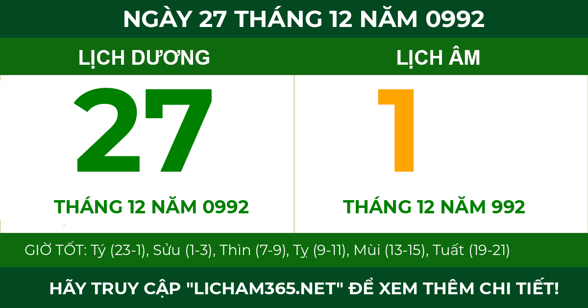 lịch âm ngày 27 tháng 12 năm 0992