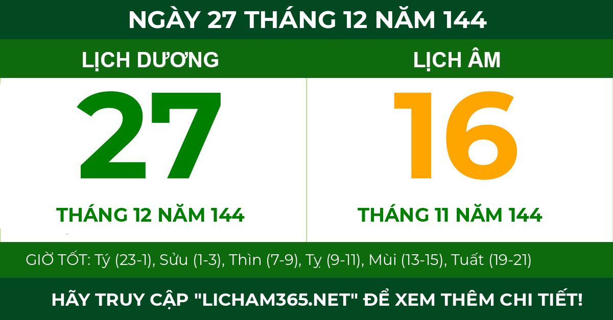 lịch âm ngày 27 tháng 12 năm 144