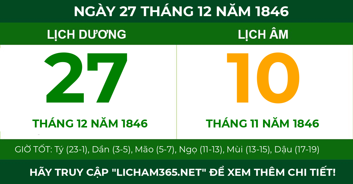 lịch âm ngày 27 tháng 12 năm 1846