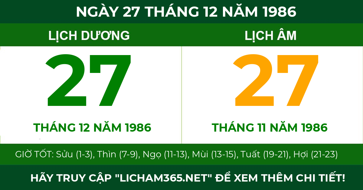 lịch âm ngày 27 tháng 12 năm 1986