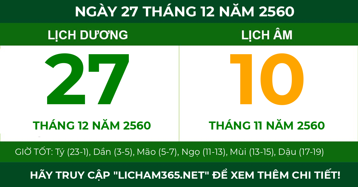 lịch âm ngày 27 tháng 12 năm 2560