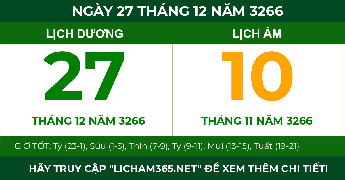 lịch âm ngày 27 tháng 12 năm 3266