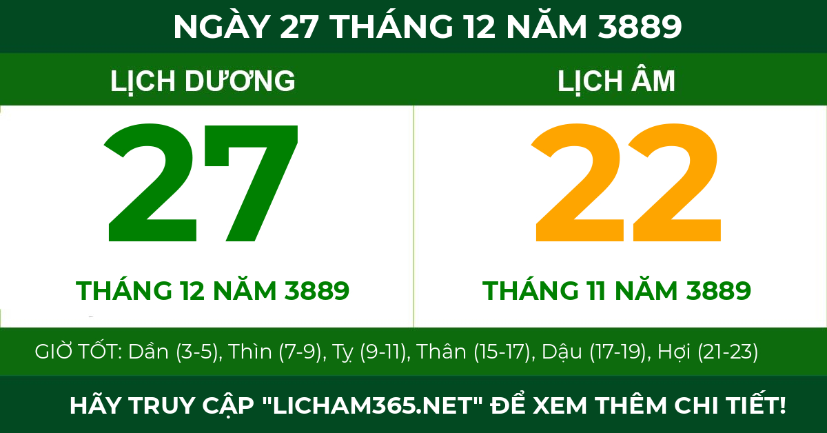lịch âm ngày 27 tháng 12 năm 3889