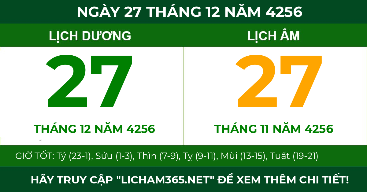 lịch âm ngày 27 tháng 12 năm 4256