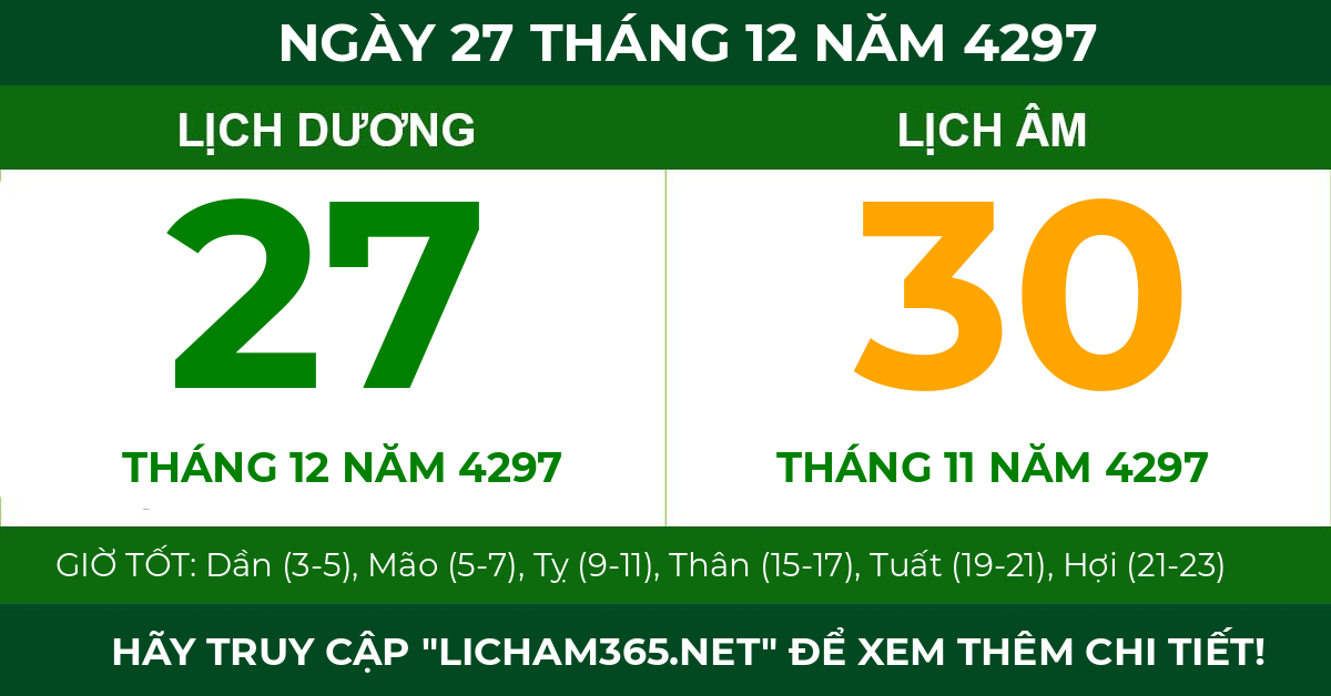 lịch âm ngày 27 tháng 12 năm 4297