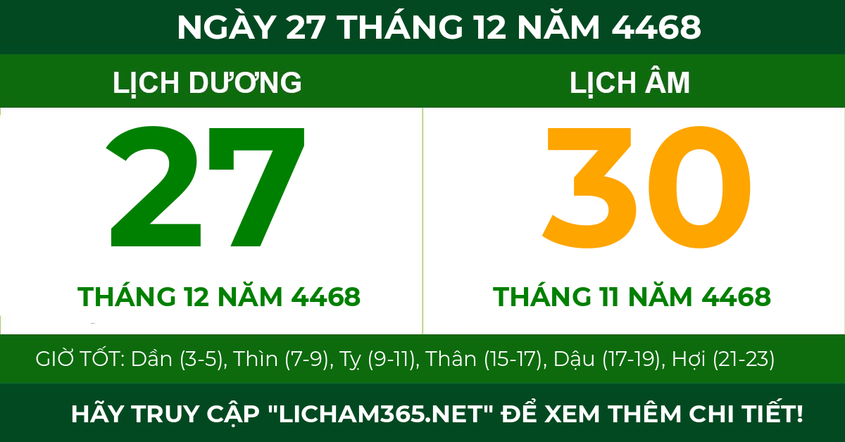 lịch âm ngày 27 tháng 12 năm 4468
