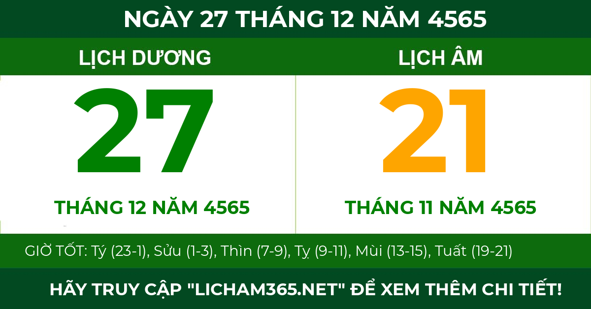 lịch âm ngày 27 tháng 12 năm 4565
