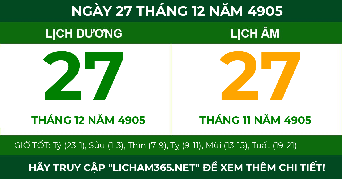 lịch âm ngày 27 tháng 12 năm 4905