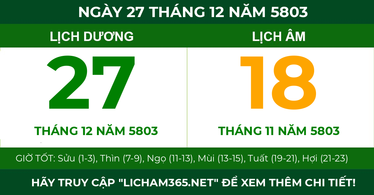 lịch âm ngày 27 tháng 12 năm 5803
