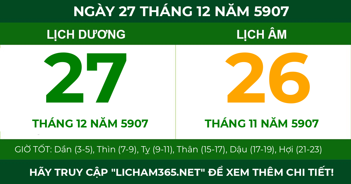 lịch âm ngày 27 tháng 12 năm 5907