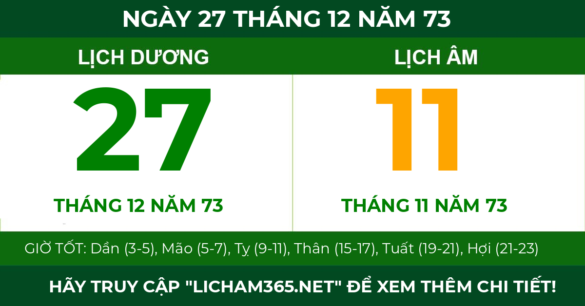 lịch âm ngày 27 tháng 12 năm 73
