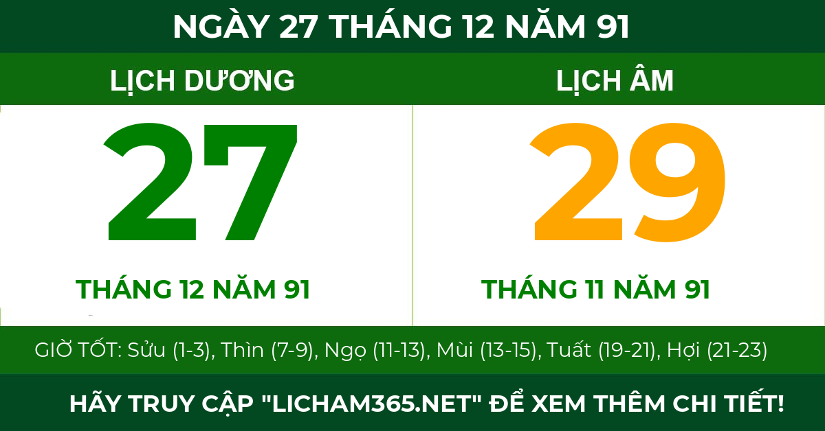 lịch âm ngày 27 tháng 12 năm 91