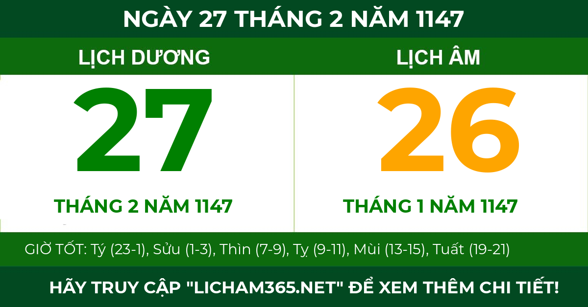 lịch âm ngày 27 tháng 2 năm 1147