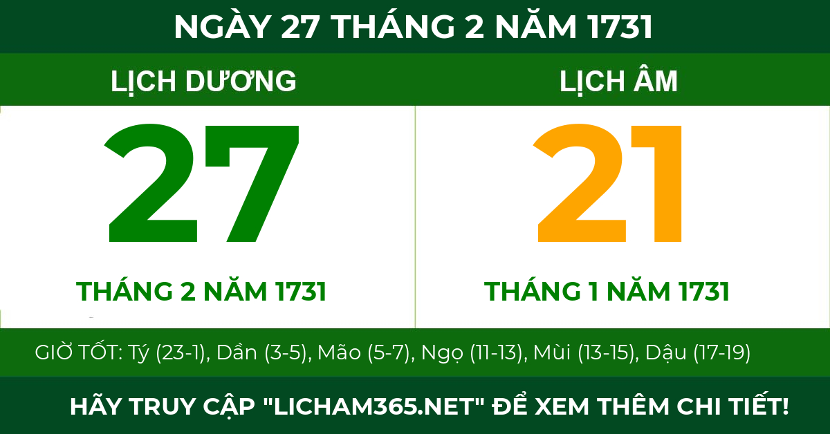 lịch âm ngày 27 tháng 2 năm 1731