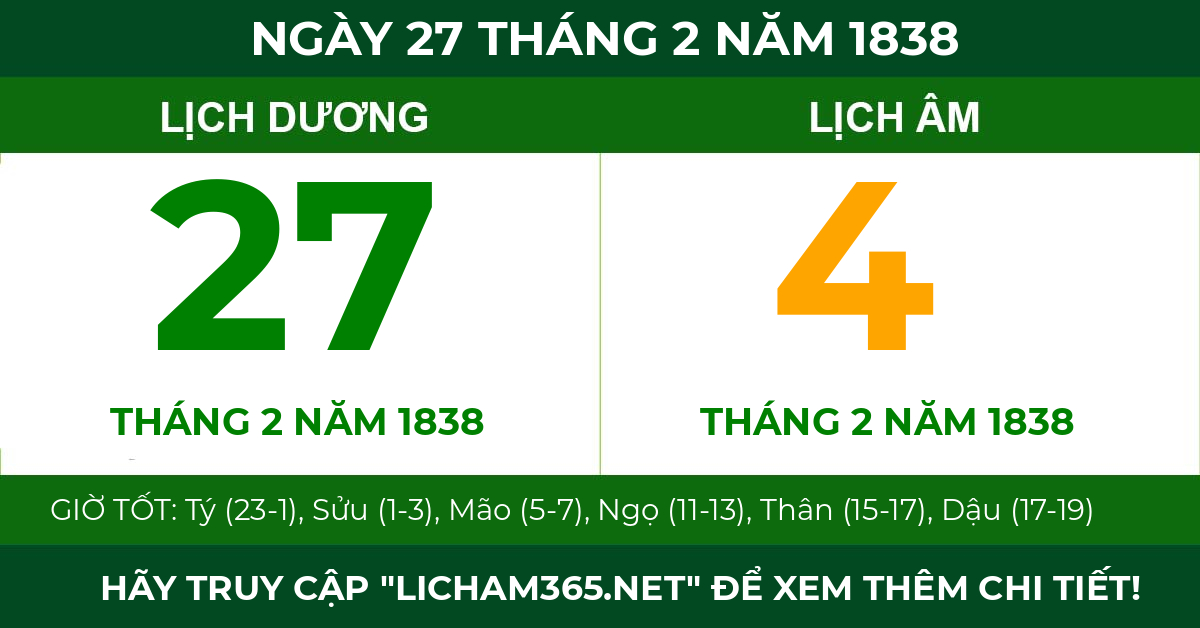lịch âm ngày 27 tháng 2 năm 1838