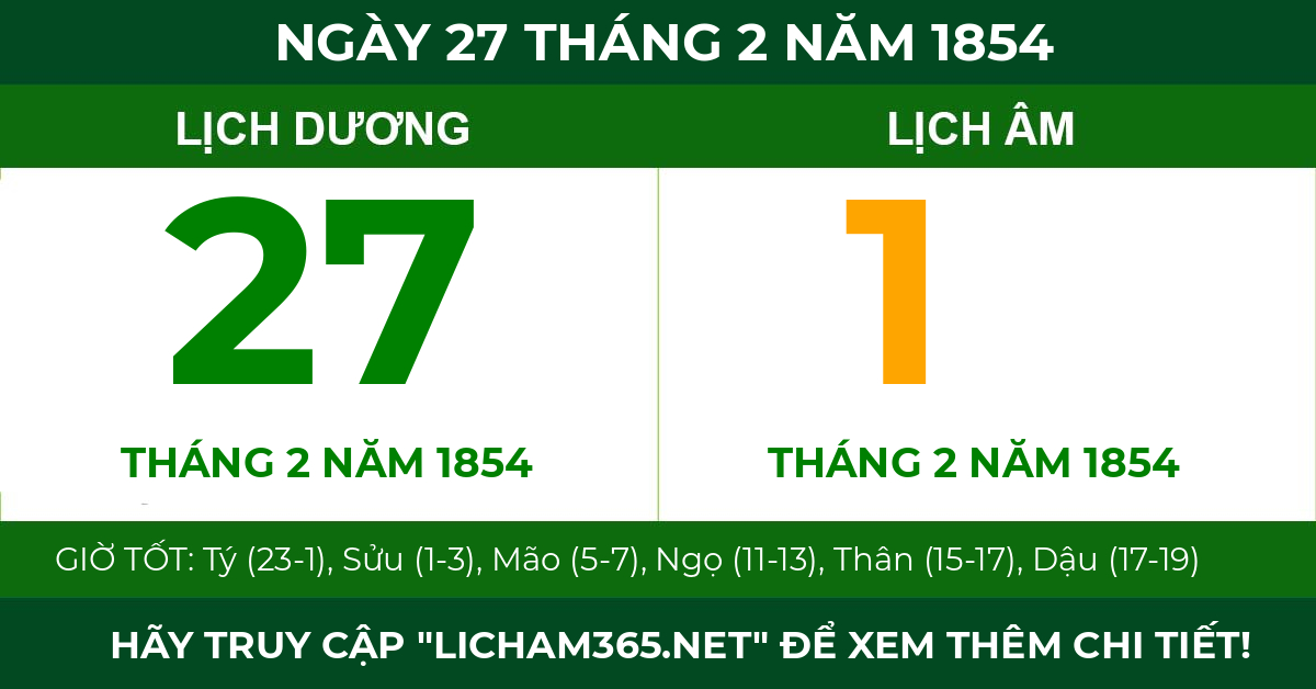 lịch âm ngày 27 tháng 2 năm 1854