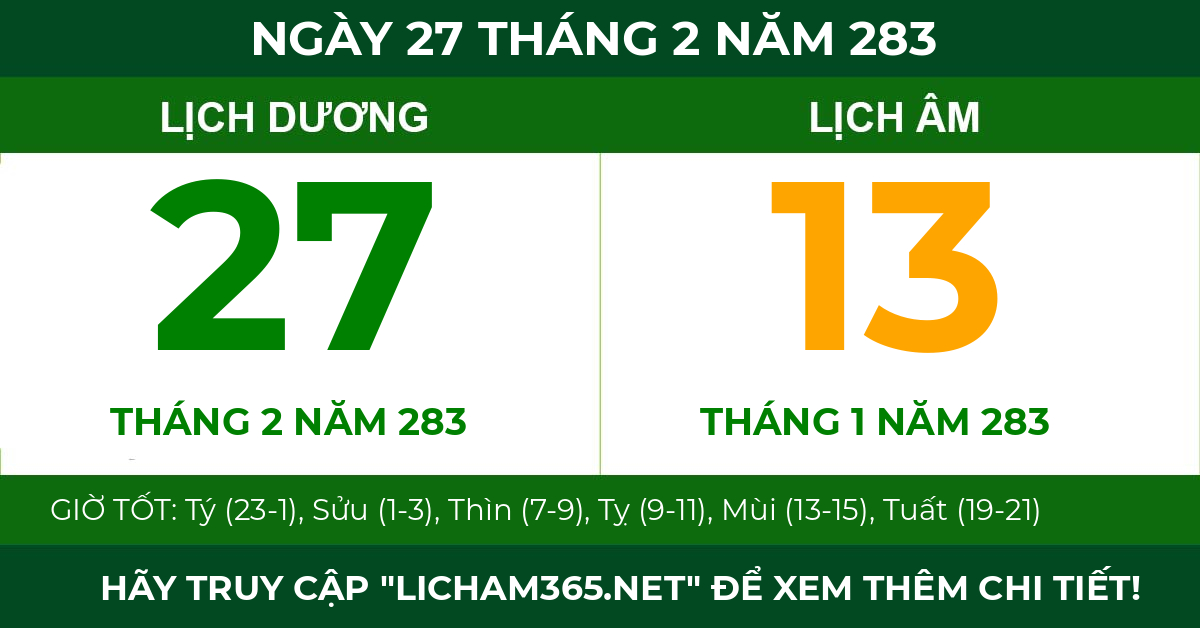 lịch âm ngày 27 tháng 2 năm 283