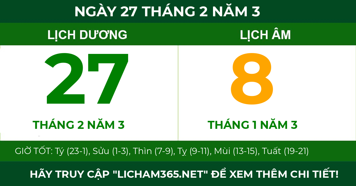 lịch âm ngày 27 tháng 2 năm 3