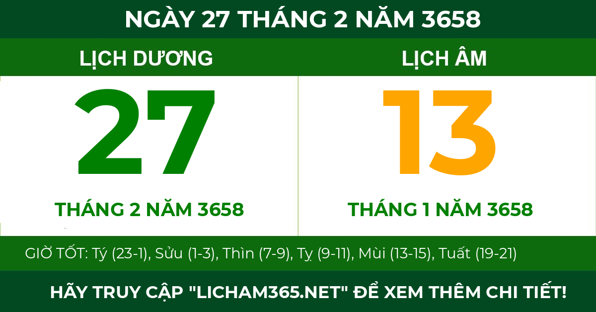 lịch âm ngày 27 tháng 2 năm 3658