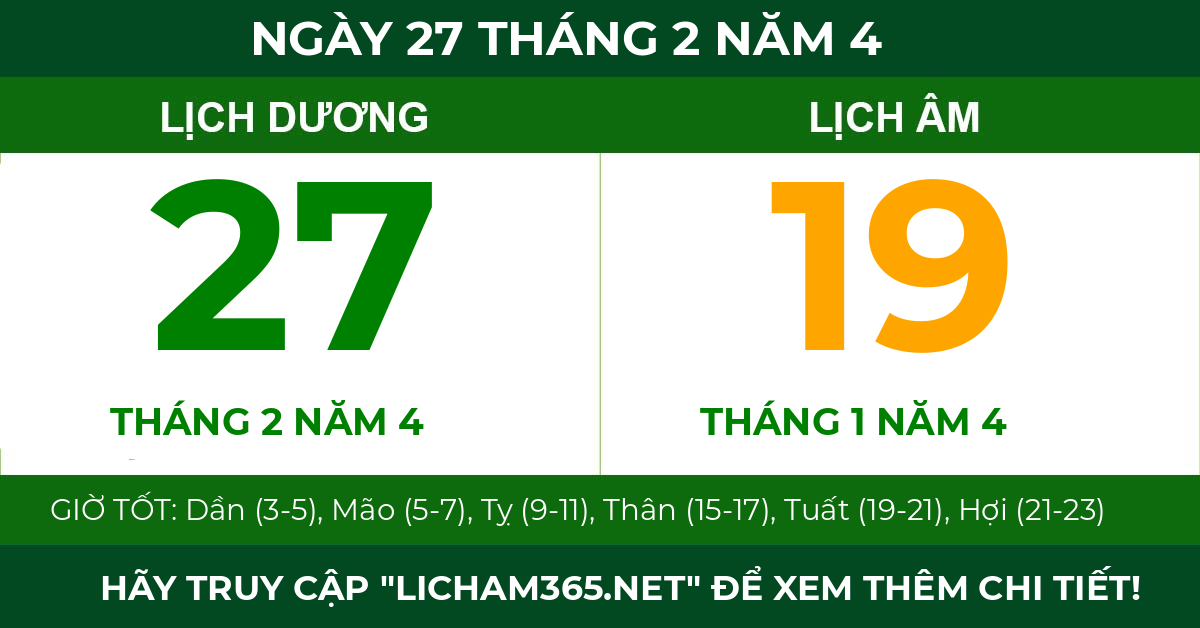 lịch âm ngày 27 tháng 2 năm 4