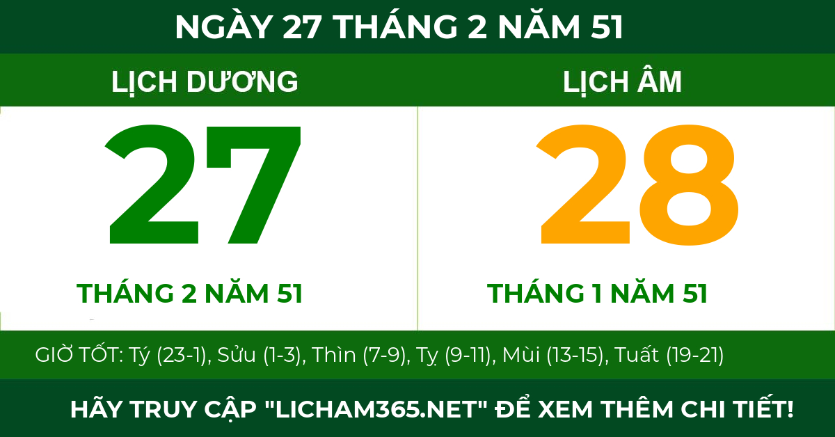lịch âm ngày 27 tháng 2 năm 51