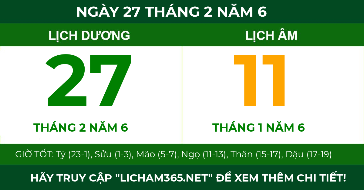 lịch âm ngày 27 tháng 2 năm 6