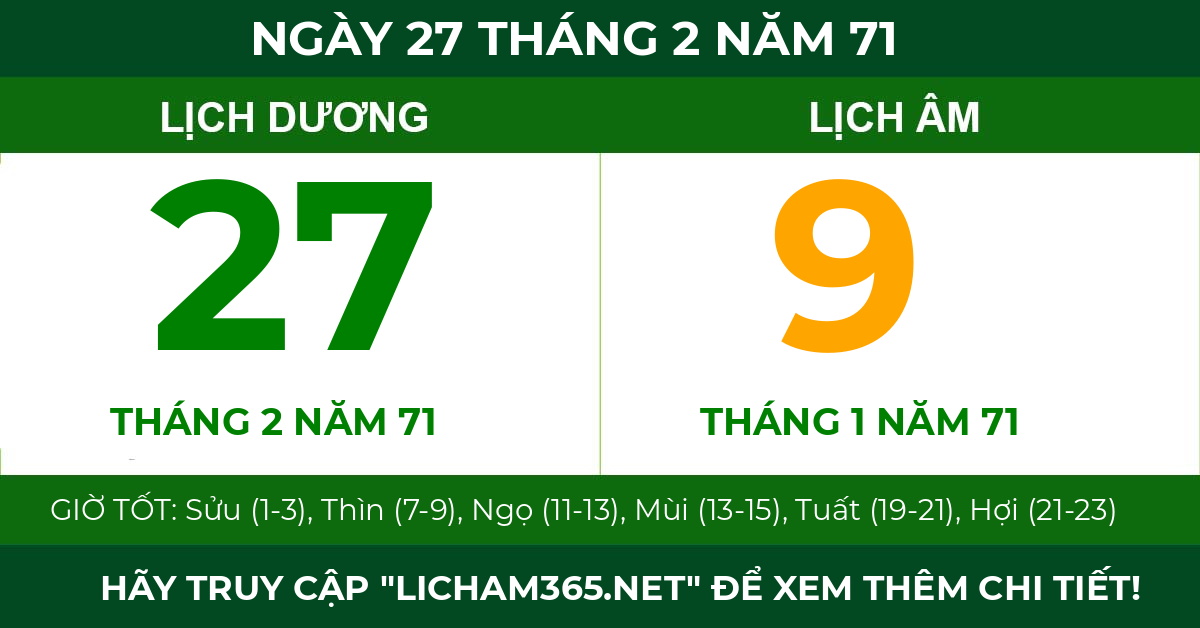 lịch âm ngày 27 tháng 2 năm 71