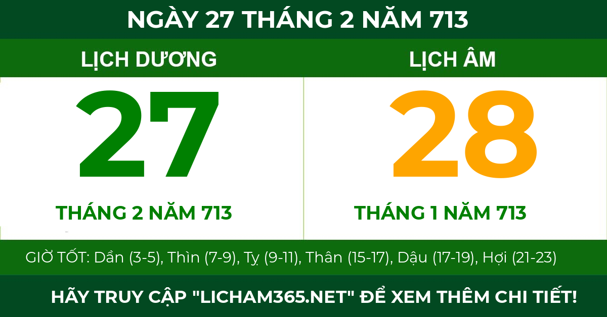 lịch âm ngày 27 tháng 2 năm 713