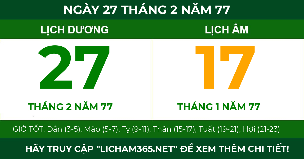 lịch âm ngày 27 tháng 2 năm 77