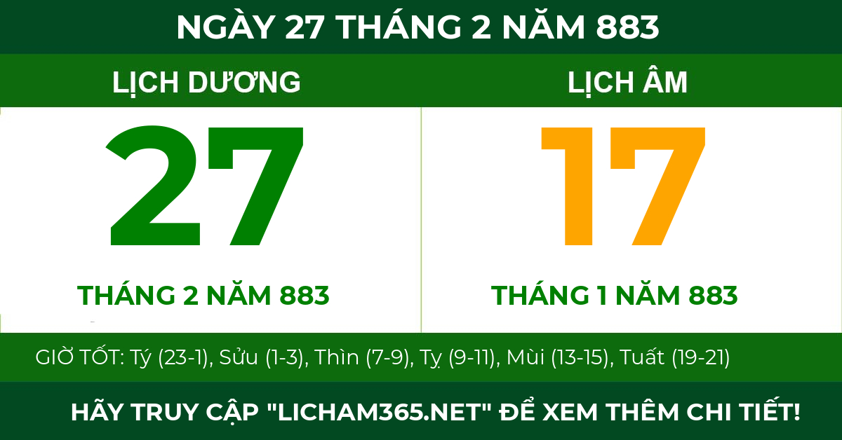 lịch âm ngày 27 tháng 2 năm 883
