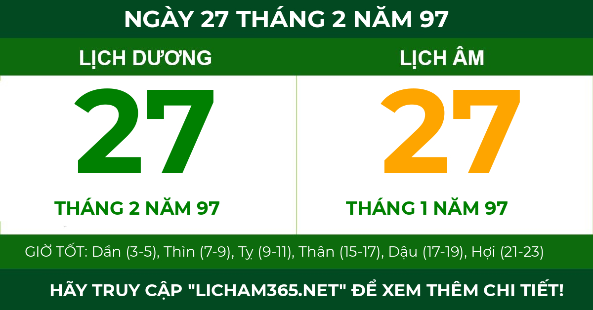 lịch âm ngày 27 tháng 2 năm 97